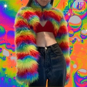 Clubexx by Dolls Kill Rave Kidcore Rainbow Faux Fur Crop Top Sweater